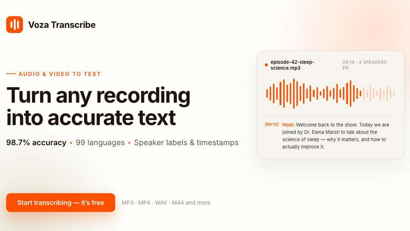 Voza Transcribe application interface and features